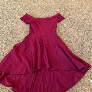 Windsor off the shoulder maroon high low dress.